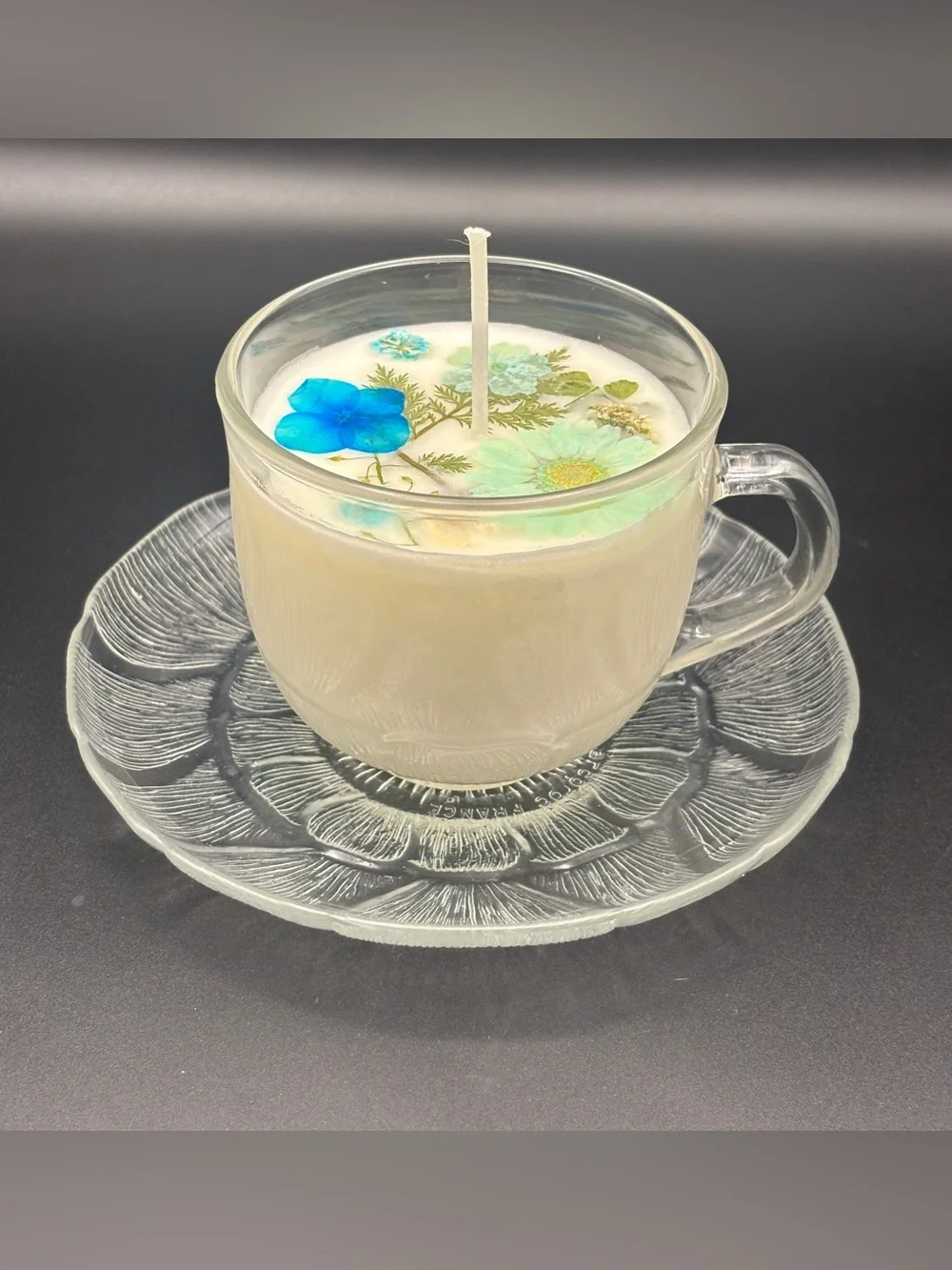 Floral Botanical Teacup Candle with Blue Accent